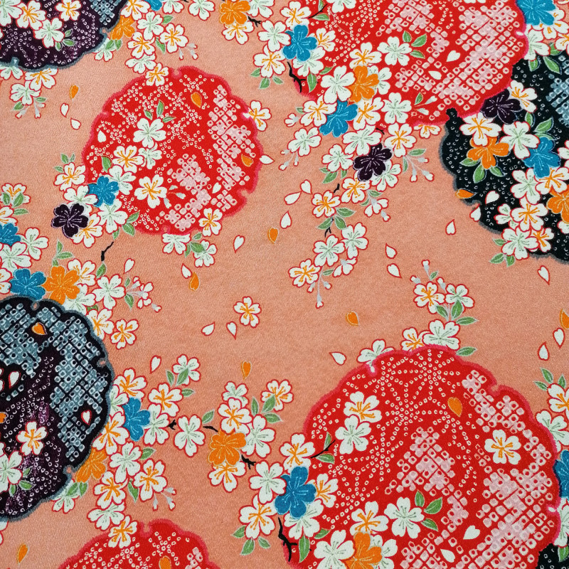 Tessuto chirimen in poliestere rosa giapponese con motivo di fiori