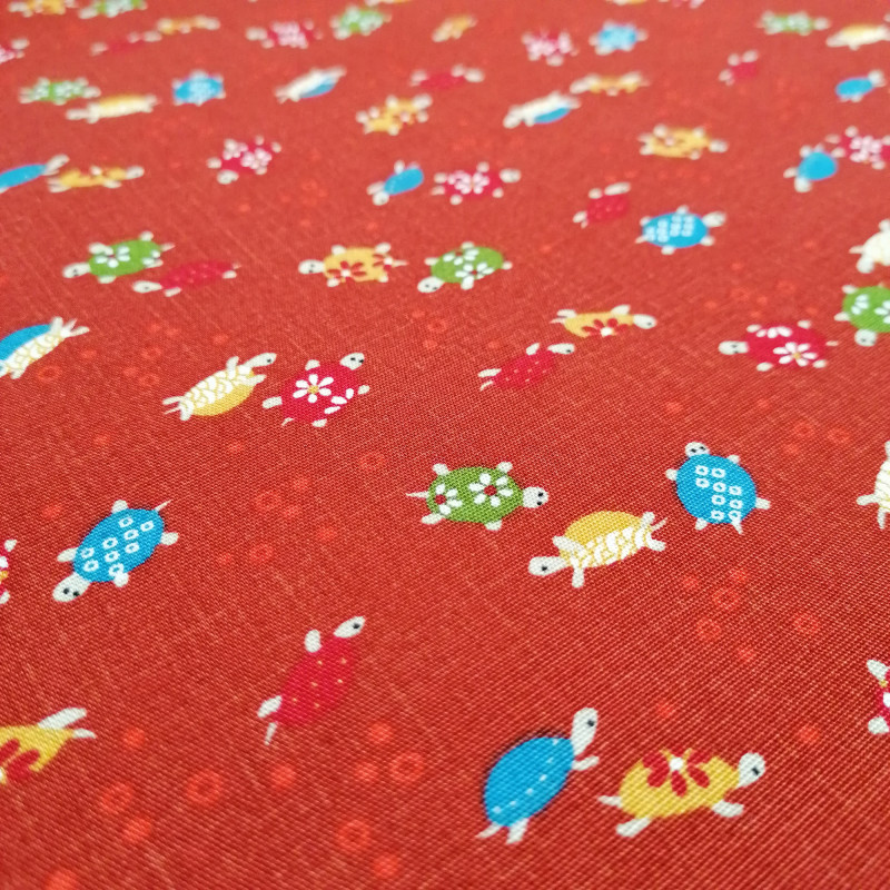 Tessuto giapponese in cotone rosso con motivo tartaruga, KAME, realizzato in Giappone larghezza 112 cm x 1m