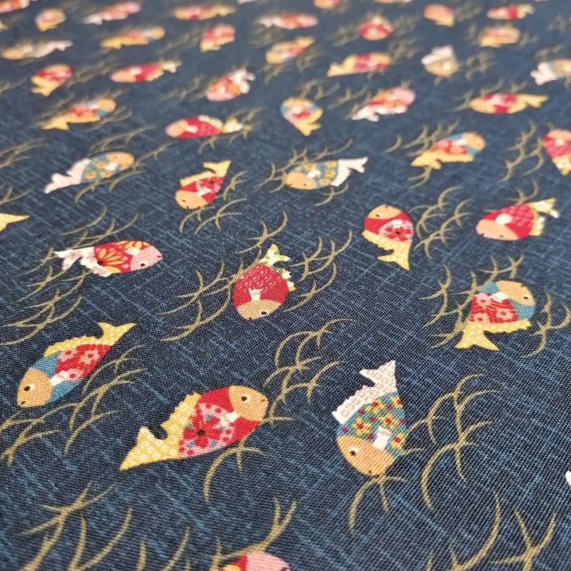 Tissu bleu japonais en coton motif poisson, KINGYO, fabriqué au Japon largeur 112 cm x 1m