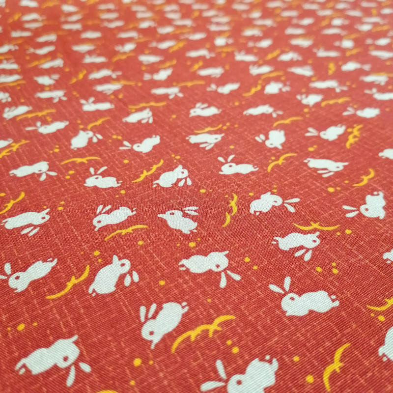 Tessuto giapponese in cotone rosso coniglio, USAGI, made in Japan larghezza 112 cm x 1m