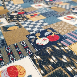 Japanese blue cotton fabric with patchwork motif, PATCHIWAKU, made in Japan width 112 cm x 1m