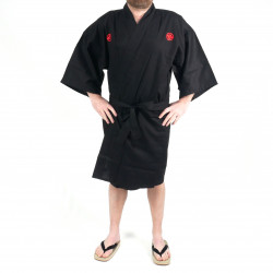 Happi kimono kanji nero samurai in cotone shantung giapponese da uomo