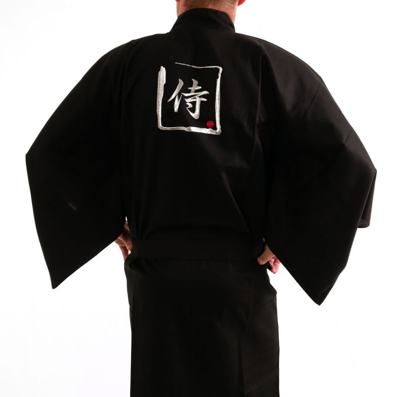 Happi kimono noir kanji argent samuraï coton shantung japonais pour homme