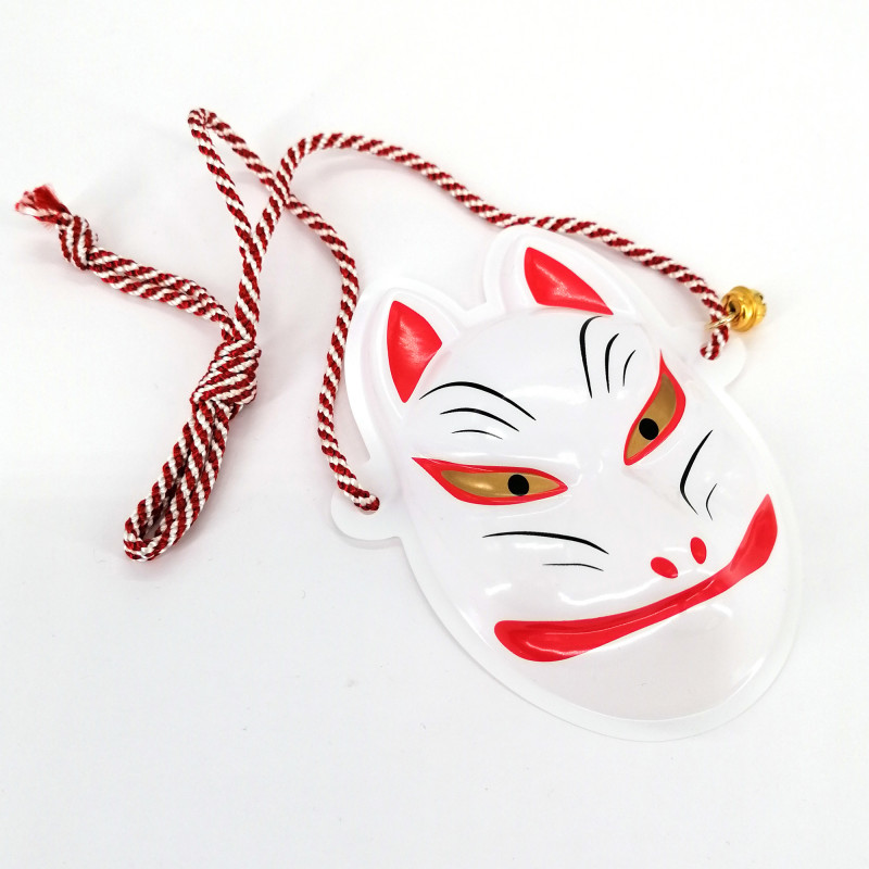 Mini masque de renard japonais traditionnel, KITSUNE, blanc et yeux dorés