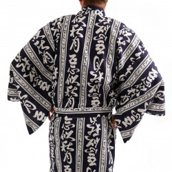 yukata kimono japonés algodón azul, AKI, kanji otoño luna