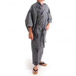 giapponese yukata kimono di cotone grigio-blu, SHIKI, kanji quattro stagioni