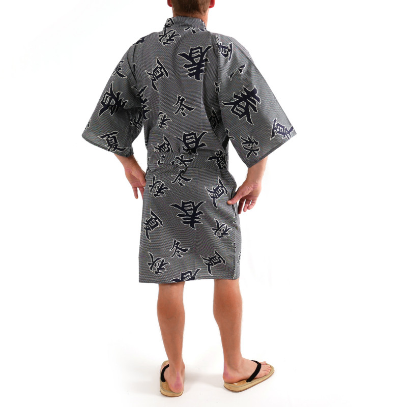 yukata kimono giapponese blu in cotone, SHIKI, kanji quattro stagioni