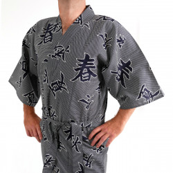 yukata kimono giapponese blu in cotone, SHIKI, kanji quattro stagioni