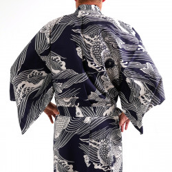 yukata kimono giapponese blu in cotone, KOI, carpa