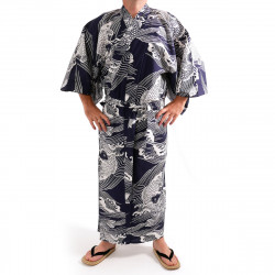 kimono yukata traditionnel japonais bleu en coton carpe pour homme