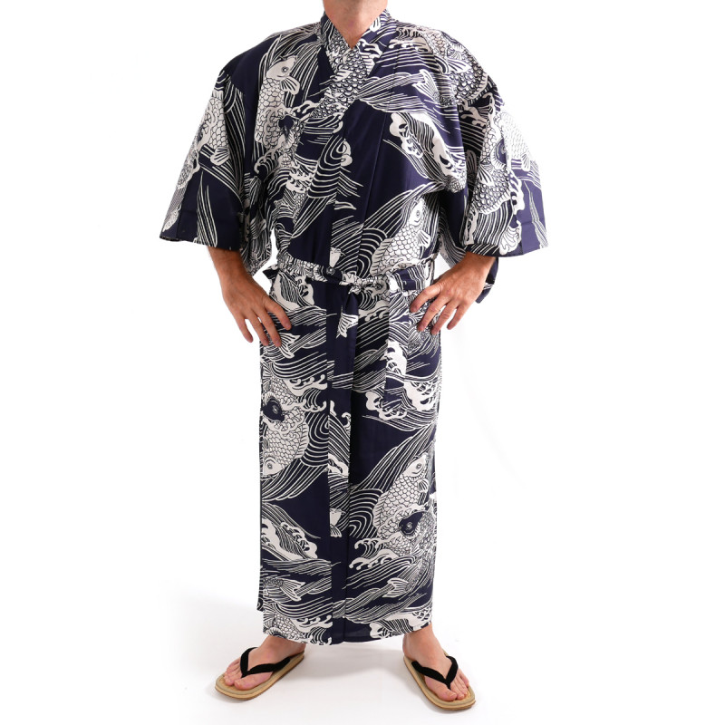 Japanese traditional blue navy cotton yukata kimono carp for men