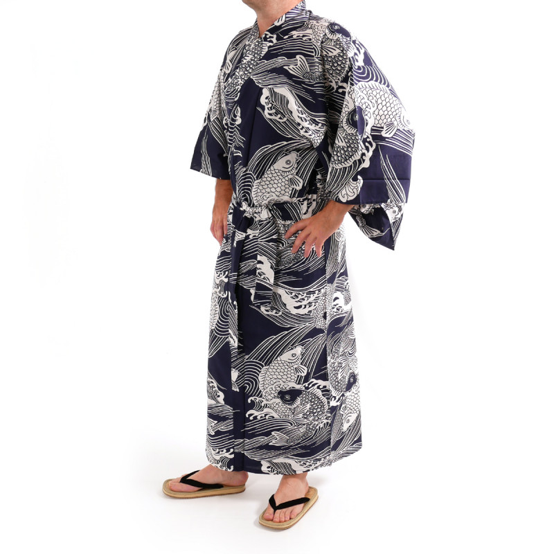 kimono yukata traditionnel japonais bleu en coton carpe pour homme