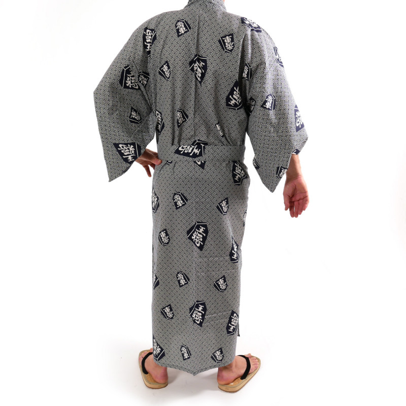 giapponese yukata kimono di cotone grigio-blu, SHÔGI, kanji king shogi