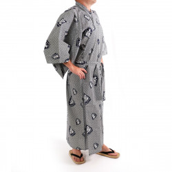 Kimono de algodón yukata japonés azul gris, SHÔGI, kanji rey shogi