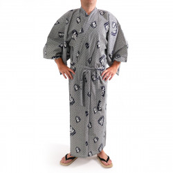 Kimono de algodón yukata japonés azul gris, SHÔGI, kanji rey shogi