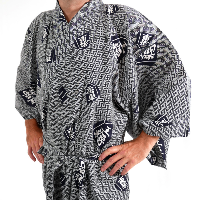 Kimono de algodón yukata japonés azul gris, SHÔGI, kanji rey shogi