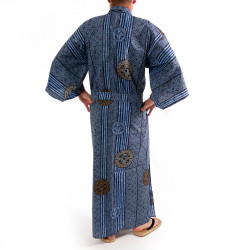 Japanese traditional blue cotton yukata kimono ancient coins for men