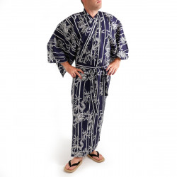 Japanese traditional blue navy cotton yukata kimono bamboo and dragon for men