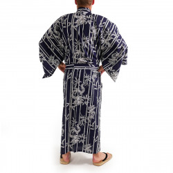 Japanese traditional blue navy cotton yukata kimono bamboo and dragon for men