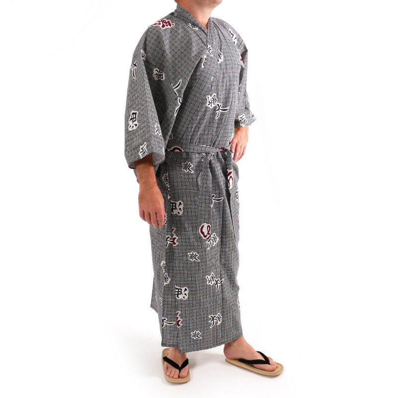 kimono yukata traditionnel japonais bleu gris en coton pour homme