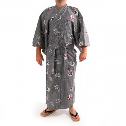 giapponese yukata kimono di cotone grigio-blu, KANJI