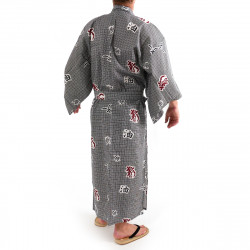 giapponese yukata kimono di cotone grigio-blu, KANJI