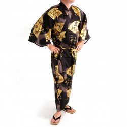 Japanese traditional black kimono in cotton sateen gold folding fans for men