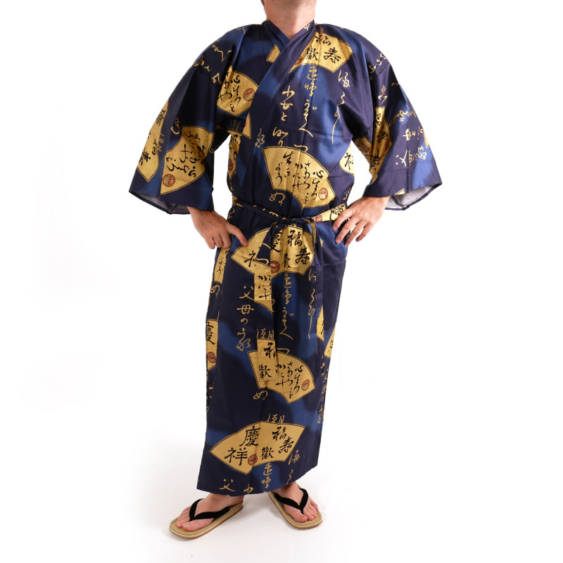 Kimono bleu traditionnel japonais pour homme eventails en or coton satin