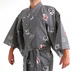 Kimono de algodón yukata japonés azul gris, KANJI