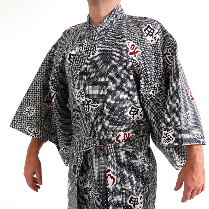 giapponese yukata kimono di cotone grigio-blu, KANJI