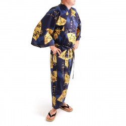 japanischer herren blauer kimono, SENSU, Goldfans