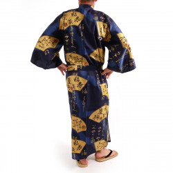 Japanese traditional blue kimono in cotton sateen gold folding fans for men