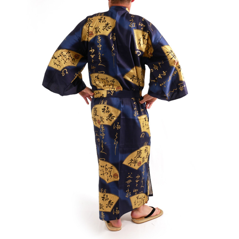 Kimono bleu traditionnel japonais pour homme eventails en or coton satin