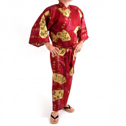 Japanese traditional red kimono in cotton sateen gold folding fans for men