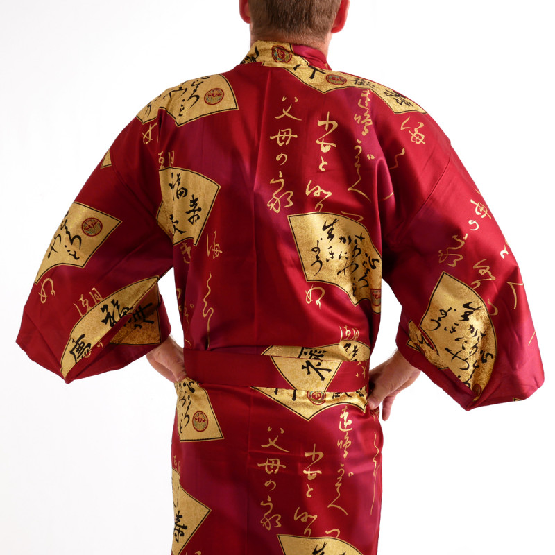 Japanese traditional red kimono in cotton sateen gold folding fans for men