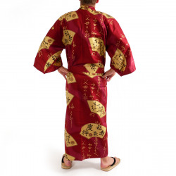 Japanese traditional red kimono in cotton sateen gold folding fans for men