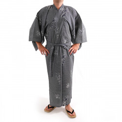 Kimono de algodón yukata japonés azul gris, KANJI, kanji alegría y auspicioso