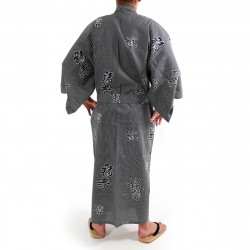 Japanese traditional blue grey cotton yukata kimono joyous and good omen kanji for men