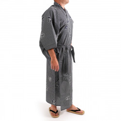 Japanese traditional blue grey cotton yukata kimono joyous and good omen kanji for men