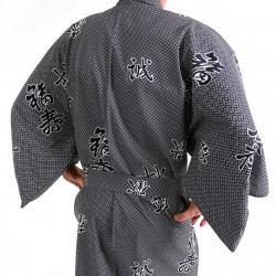 giapponese yukata kimono di cotone grigio-blu, KANJI, gioia kanji e di buon auspicio