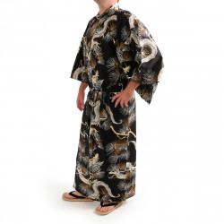 kimono yukata giapponese nero  in cotone, TAKATORYÛ, drago e falco