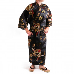 kimono yukata giapponese nero  in cotone, FUJIRYÛ, drago e monte fuji