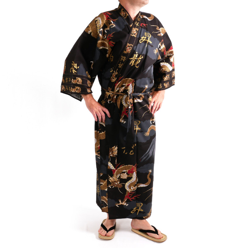 Kimono yukata japonés en algodón negro, FUJIRYÛ, dragón y monte fuji
