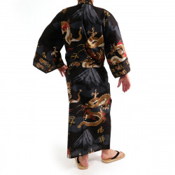 Japanese traditional black cotton yukata kimono dragon and mont fuji for men