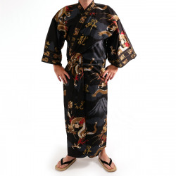 Japanese traditional black cotton yukata kimono dragon and mont fuji for men