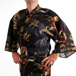 Japanese traditional black cotton yukata kimono dragon and mont fuji for men