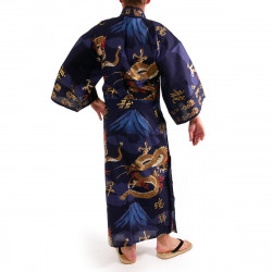 kimono yukata traditionnel japonais bleu en coton dragon et mont fuji pour homme