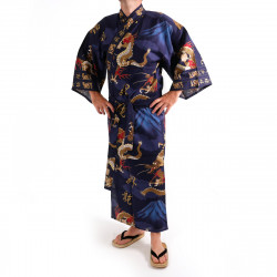 kimono yukata giapponese blu in cotone, FUJIRYÛ, drago e monte fuji