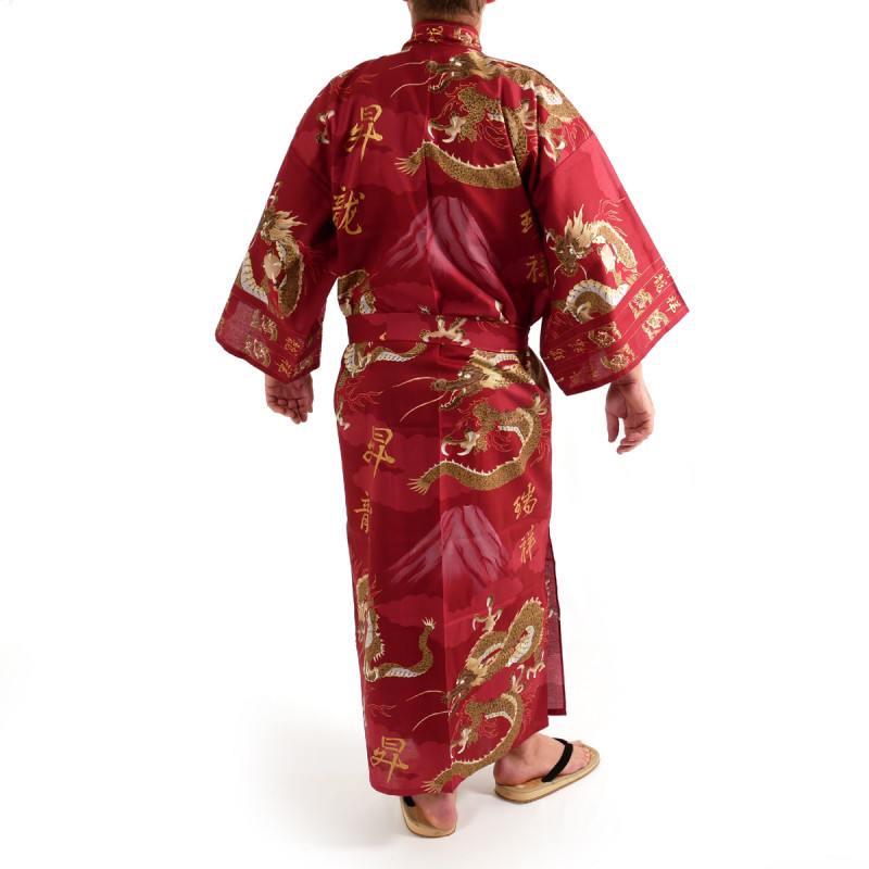 Kimono de algodón rojo japonés yukata, FUJIRYÛ, Dragpn y el monte Fuji