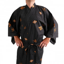 Japanese traditional black cotton yukata kimono diamond pattern for men